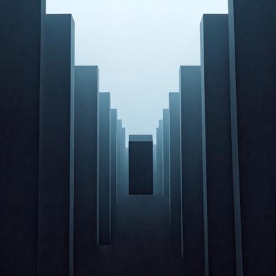 The primary subject of the image is a long, narrow hallway with a row of tall, dark pillars lining the sides. The setting is a dark, enclosed space, and the visual style appears to be a digital art or illustration. The dominant colors are dark shades, creating a moody atmosphere.